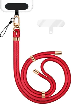 Image de HoldMe Edition - Lanyard avec mousqueton noir & 2 pads - Chaîne universelle pour téléphone portable Bandoulière en nylon - Rouge