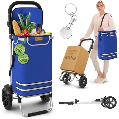 Image de Chariot de courses pliable ELONEO, chariot de courses avec compartiment réfrigérant, chariot 3 en 1, diable et sac à bandoulière - Bleu