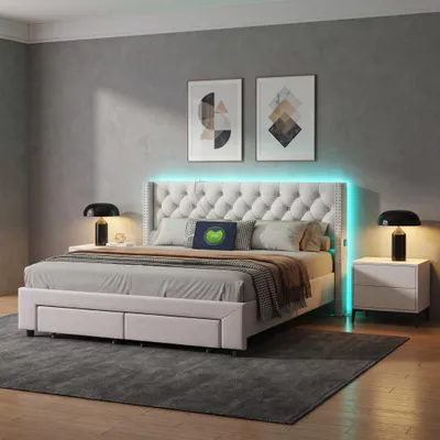 Produktbild von INONEFT Polsterbett 140x190 mit Stauraum und Lattenrost, Doppelbett mit LED und USB, mit 2 Schubladen, Kopfteil mit Nietenverzierung, Samt, Beige