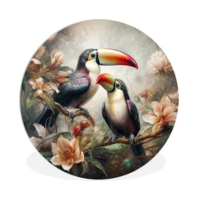 Produktbild von MuchoWow® Rundes Wandbild - Runde Bilder Tukan - Vögel - Blumen - Dschungel Ø 90 cm Kreis Wanddekoration Kunststoff - Wandkreis - Wandschmuck - Wand-Kreis - Wohnzimmer - Bild - Runde - Wanddeko - Dibond - Kunstdrucke