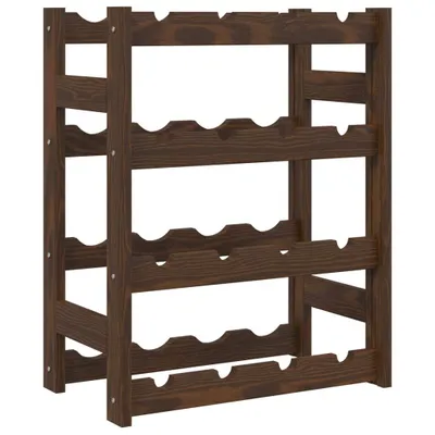 A wooden wine rack with multiple shelves.