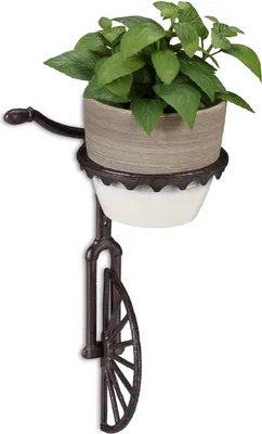 Produktbild von Relaxdays Wand Blumenhalter Einrad, Gusseisen, Deko Wandblumentopfhalter für draußen, wetterfest, Ø 13 cm, dunkelbraun