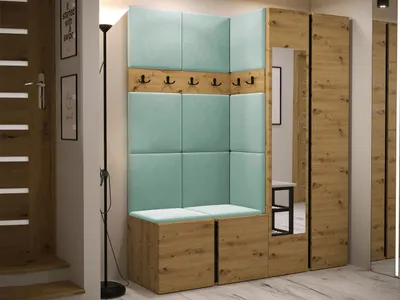 Obrázek produktu pro Stěna do předsíně s čalouněnými panely 42x42 SELAND 10 - dub artisan / tyrkysová