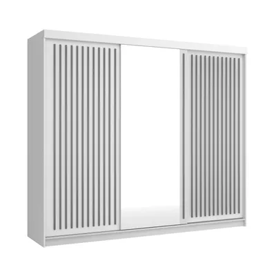 Produktbild von 250 cm Kleiderschrank mit Lamellen und Spiegel, inklusive 3 Schiebetüren, Schwebetürenschrank Kleiderstange, Lieferung bis in die Wohnung (Farbe: Weiß, Lamelle Grau)