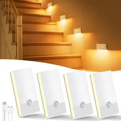 Image de Veilleuse avec détecteur de mouvement, lot de 4 lampes de chevet LED, USB-C, rechargeables, lumière blanche chaude