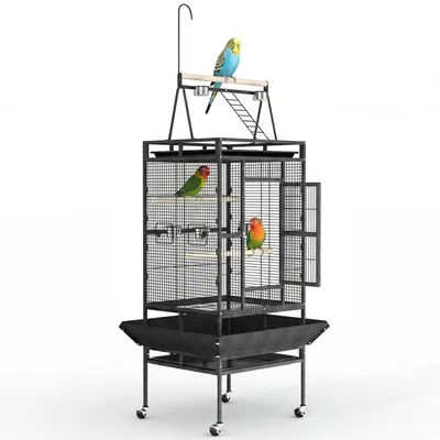 Obrázek produktu pro Velká papouščí klec Playtop – kovová klec o délce 210 cm – pojízdný podstavec s kolečky – prostorná voliéra pro andulky a korely – černá