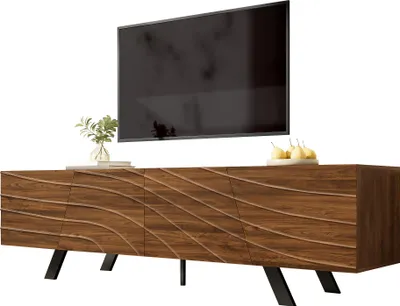 Obrázek produktu pro Fortuna Lai Moderní TV skříňka s vlnitým čelem – nízká skříňka v ořechovém provedení s černými železnými nohami, velkým úložným prostorem, kabelovým managementem a odkládací plochou – TV nábytek do obývacího pokoje, chodby (160×39×50,5 cm)