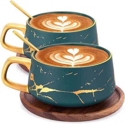 Produktbild von Famanu Espressotassen Set aus 2 - Handgemachte Porzellan-Kaffeetassen mit Unterteller in Grün