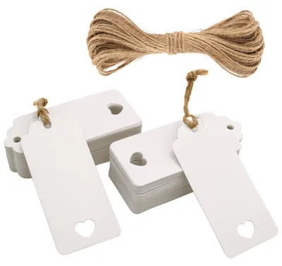 Produktbild von Geschenkanhänger Geschenkanhänger Kraftpapier Etikett - 9,5 x 4,5 cm - 50 Stück - Weiß - Mit Jutekordel für Geschenke und Blumen