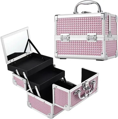 Produktbild von Make-up-Koffer – Kosmetik-Aufbewahrungsbox – Make-up-Organizer – Mit integriertem Spiegel – 19,5 x 15 x 16 cm – Rosa