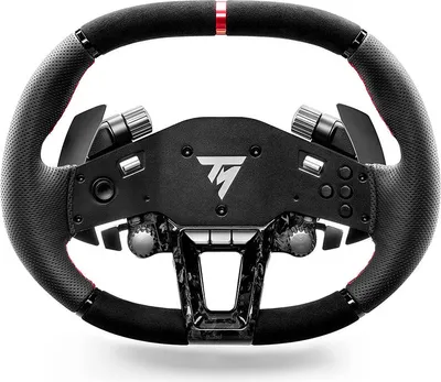 Produktbild von Thrustmaster Hypercar Wheel Add-On Steuerrad, kompatibel mit PC, PS4, PS5, Xbox, Xbox One, Windows 10/11, T818 & T598, mit 25 programmierbaren Tasten, integrierten LED-Anzeigen, analogem Drehknopf und analogen Daumensticks, aus Alcantara & Leder in Schwarz/Silber, 220-240V EU-Stecker.