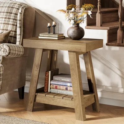 Produktbild von 2-stöckiger Beistelltisch aus Holz im Landhausstil, kleiner Sofatisch mit Stauraum, schmaler Nachttisch für Wohnzimmer und Schlafzimmer