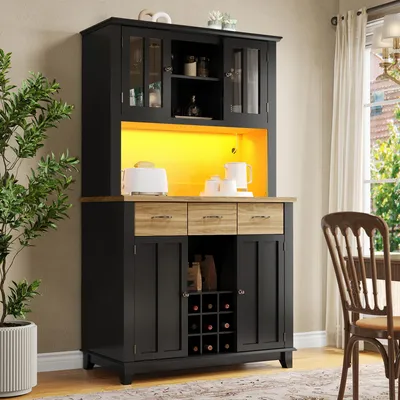 Zdjęcie produktu dla Szafka wysoka 106 x 40 x 179,5 cm – kredens kuchenny i witryna z regulowanymi półkami i oświetleniem LED, kredens z szufladami w kolorze drewna, kolor drewna