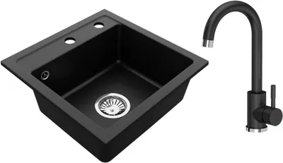 Produktbild von VBChome Granitspüle 44 x 44 cm Schwarz mit Armatur Einzelbecken Einbauspüle Gesprenkelt Pflegeleichtes Spülbecken mit Siphon Ideal für kleine Küchen