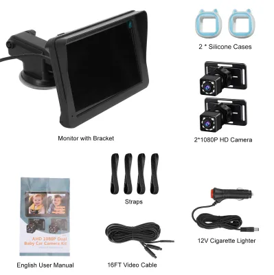 Productafbeelding van Babycamera voor in de auto, dual-kanaals 7-inch 1080P monitor met infrarood nachtzichtcamera en een kijkhoek van 150° voor de achterbank, blauw