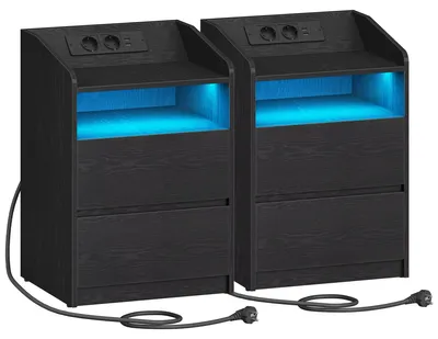 Image de Ensemble de tables de chevet, 2 pièces : table de chevet avec 2 tiroirs, 2 prises de courant, 2 ports USB-A, éclairage LED, couleur noire