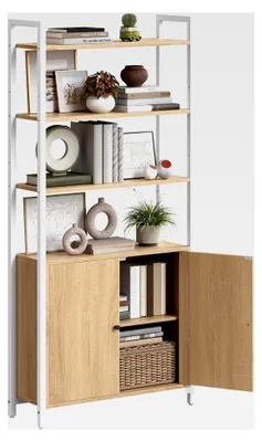Produktbild von Bücherregal mit 6 Ebenen, Standregal mit Türen, Metallrahmen, verstellbaren Ablagen, 24 x 60 x 159,5 cm, für Wohnzimmer und Schlafzimmer, goldeichenfarbe-mattweiß