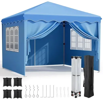 Image de Tente de réception 3x3 mètres - Pavillon de jardin pliable avec parois latérales, fenêtres et protection UV - Bleu