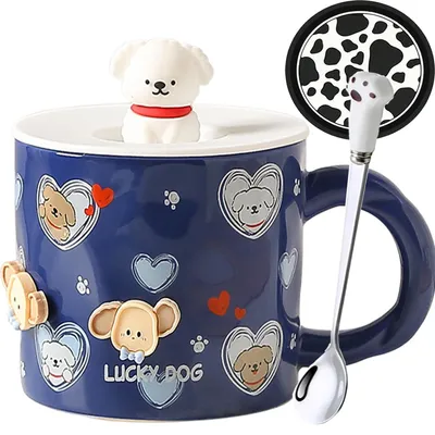 3D Hundetasse mit Deckel, Keramik, 400 ml, Blau, Geschenk