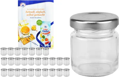 Zdjęcie produktu dla 28-częściowy zestaw słoików do przetworów 53 ml To 43 ze srebrną pokrywką i książeczką z przepisami
