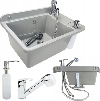 A collage of images showing a sink basin, a faucet, a soap dispenser, and a hand shower.