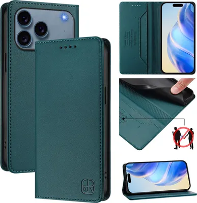 Produktbild von Lederhülle für iPhone 17 Pro Hülle Flip Brieftasche Kartenfächern Ständer Schutzhülle Dunkelgrün