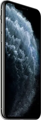 A side view of an iPhone 11 Pro Max with a dark, cloudy wallpaper.