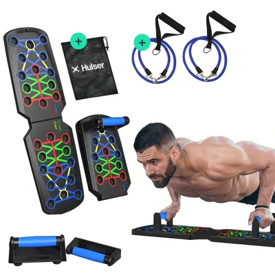 Produktbild von Hulser Liegestütze Brett mit 2 Widerstandsbändern - 14 in 1 - Faltbares Liegestütz-Brett - Push-up board für Krafttraining - Liegestütz-Griffe
