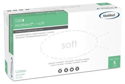 Produktbild von MaiMed-soft Gr.S, unsteril, gepudert Latex-Untersuchungshandschuhe zu 100 St./Box | Box (100 Stück)