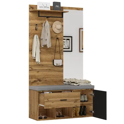 Produktbild von 190 cm hohes Garderobenset in Holzoptik mit Spiegel, Schuhbank (104 x 39 cm) mit Polster, Schuhschrank, Schublade, Regal, Kleiderhaken