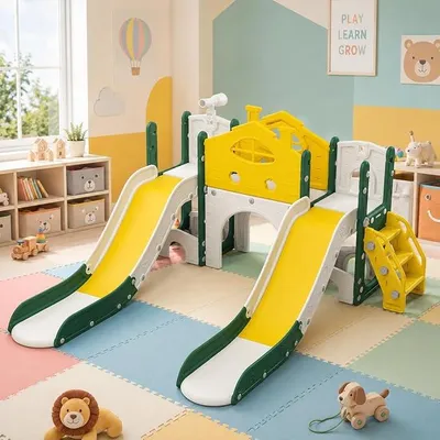 Produktbild von 7 in 1 Kinderrutsche mit Klettergerüst,Teleskop,Tunnel Stauraum, Spielhaus,Kunststoffrutschenset für Kinder,Indoor und Outdoor Spielplatz (Gelb + Grün)