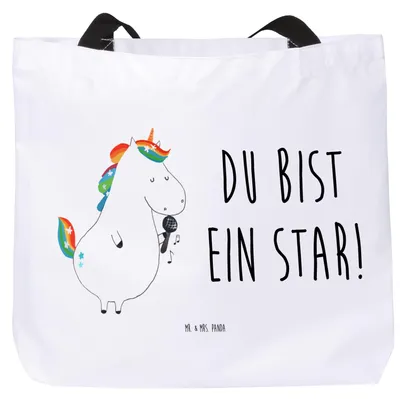 Produktbild von Mr. & Mrs. Panda Tote Bag Einhorn Sänger - Weiß - Geschenk, Geburtstag, Laptoptasche, Tasche, Glitzer, Schultasche, Disco, Unicorn, Party, Reisetasche, Strandtasche