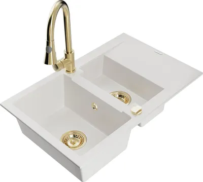 Produktbild von Mexen Gaspar 1,5-Becken-Granitspüle mit Abtropffläche und Mischbatterie Elia, Weiß - 6507-20-670101-50