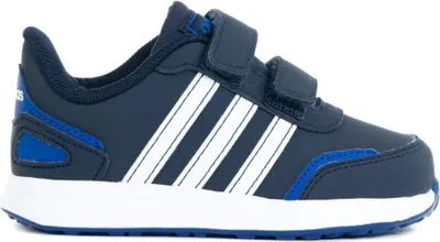 A side view of a navy blue Adidas sneaker with white stripes and blue accents.