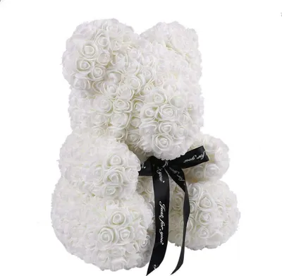 Produktbild von 25 cm großer weißer Rosenbär, gefertigt aus hunderten Samtrosen