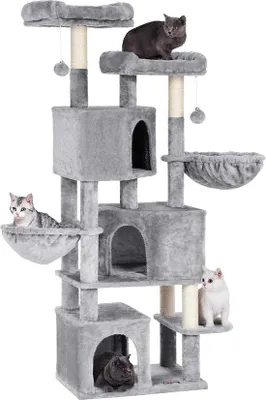 Productafbeelding van Unyqoos® Kraboom voor grote katten – lichtgrijs, met 3 schuilplaatsen, 2 ligplaatsen en 2 beklede uitkijkplatforms, gemaakt van sisal, pluche en MDF, met anti-omvalbeveiliging