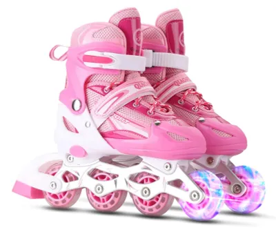 Image de Pattins à roulettes pour enfants et adultes - Réglables avec roues lumineuses - Tailles 27-41 - Rose