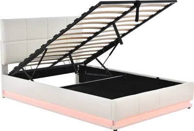Produktbild von Flieks Hydraulisches Boxspringbett 140x200cm Polsterbett mit Stauraum und Led, Doppelbett mit Lattenrost, Stauraumbett Jugendbett weiß