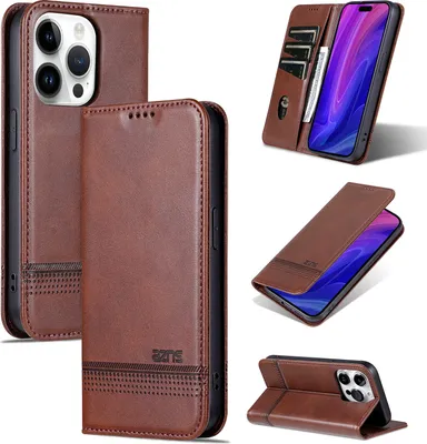 Produktbild von Leder Hülle für iPhone 16 Pro, Klapphüllen Brieftasche Magnetverschluss Ständer Schutzhülle Kaffee