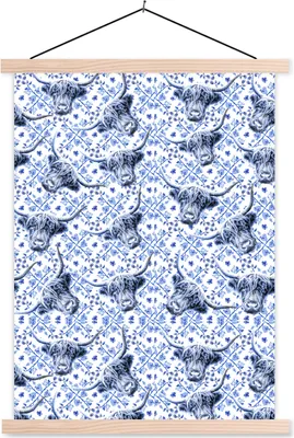 Produktbild von MuchoWow® Textilposter Schottisches Hochlandrind - Schablone - Delfter Blau 120x160 cm mit holzfarbenen Rahmen - Plakatkarton
