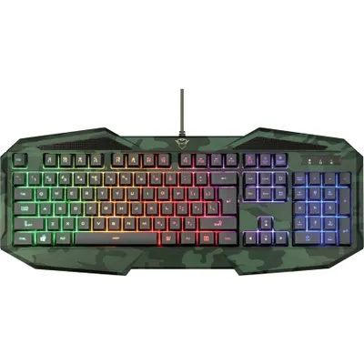 A gaming keyboard with a camouflage pattern and RGB lighting.