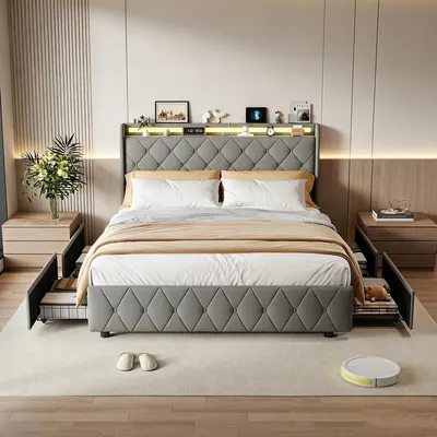 Produktbild von INONEFT Boxspringbett Polsterbett 140x200 mit LED & USB/C,Doppelbett Bett mit 4 Schubladen und Lattenrost,Bettgestell mit Stauraum-Kopfteil,Samt Grau