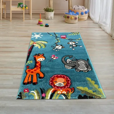 Produktbild von 3D Kinderteppich mit Zootieren in blau Größe - 80 x 150 cm