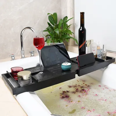 Image de Tablette de bain Plateau réglable pour baignoire avec porte-gobelet Support de téléphone portable Bambou Noir