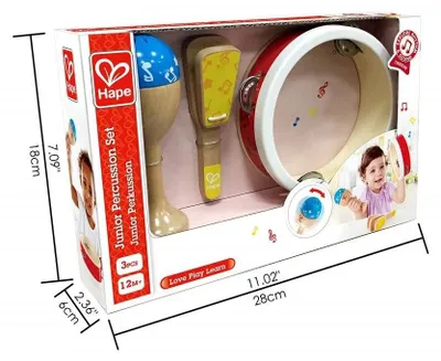 Produktbild von Hape Junior Percussion Set – 3-teiliges Holz-Musikset mit Tamburin, Maraca & Klapper, Musikspielzeug ab 12 Monaten