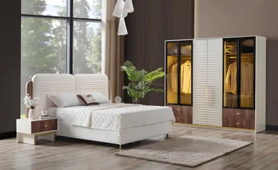 Obrázok produktu pre Weiße Schlafzimmer Garnitur Edles Textilbett 2x Nachttische Schrank