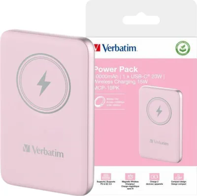 Zdjęcie produktu dla Verbatim Charge 'n' Go, 10000 mAh, Litowo-polimerowy (LiPo), Quick Charge 3.0, Bezprzewodowe ładowanie, Różowy