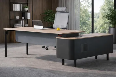 Zdjęcie produktu dla Solidne, brązowe biurko narożne – eleganckie biurka i meble do gabinetu