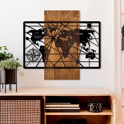Image de Wallity, World Map 6-M, Accessoire mural décoratif en bois, 100 % BOIS / MÉTAL, noyer, 57 x 63 cm
