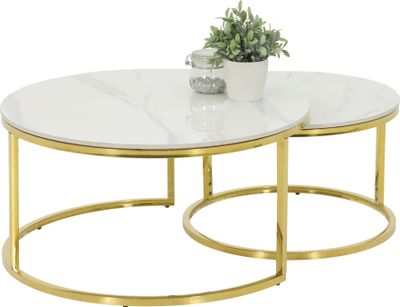 2er Set Couchtisch/Beistelltisch Joel-Rund-Sinterstein Mamoroptik Hochglanz Weiß mit Metallgestell Gold-Ø80+60cm